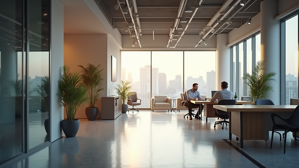 Vista frontal de una oficina moderna con equipo trabajando en marketing digital