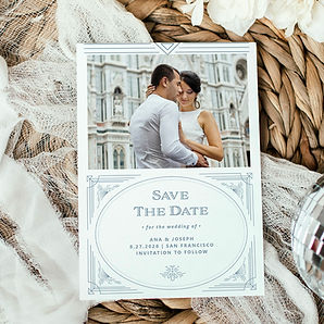 Modern Deco Save the Date | White and Dusty Blue