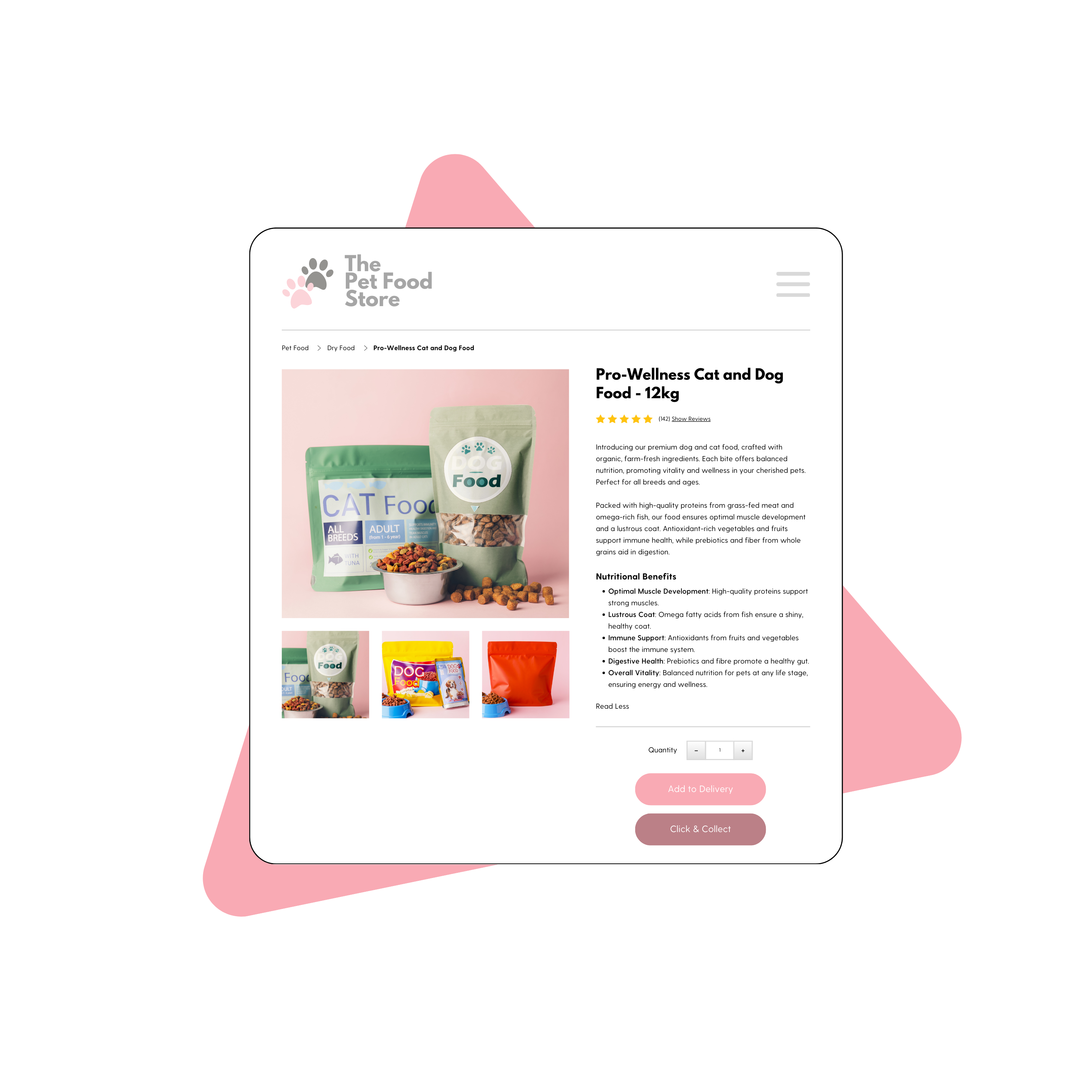 Example of a pet food product description with pink triangle background.