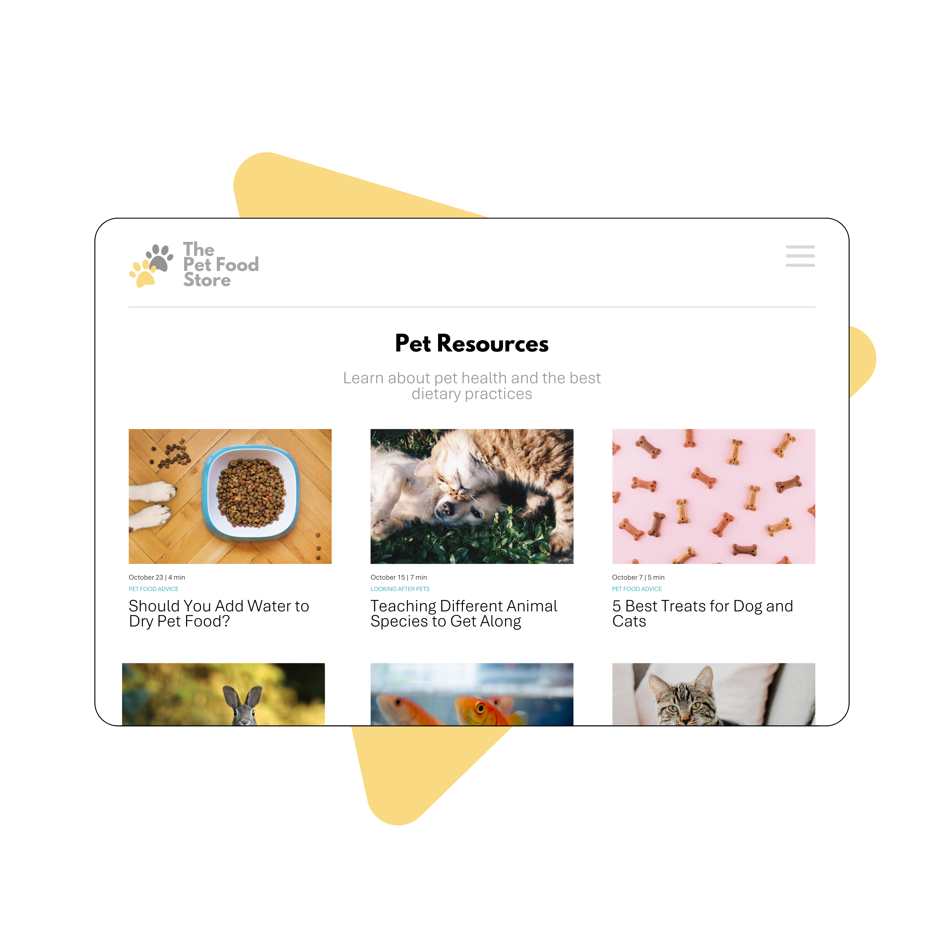 Example of blog section: Pet store blog section on a yellow triangle background.