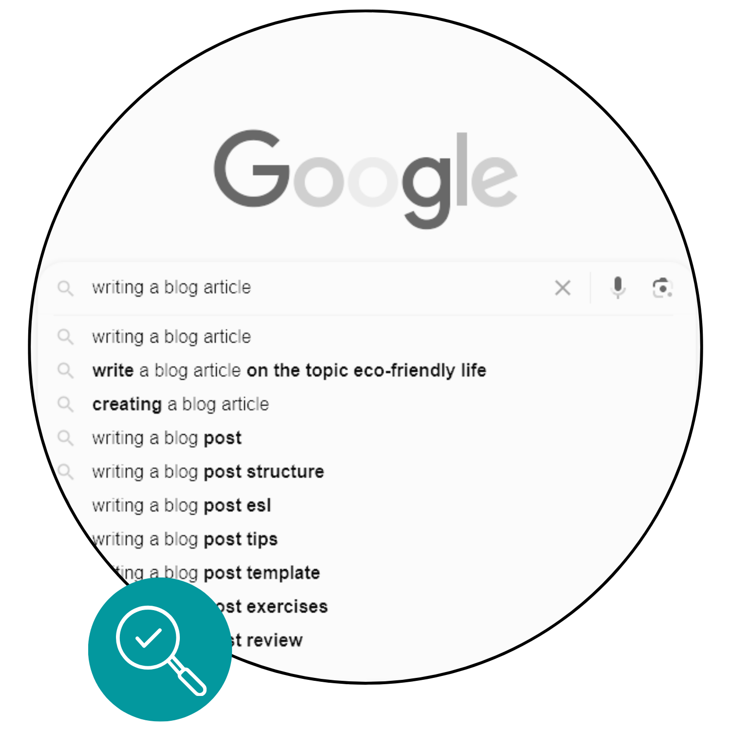 Google search screenshot in a black circle with a green search icon.