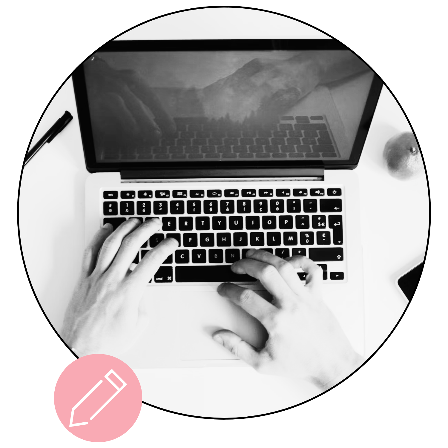 Person typing on a laptop in a black circle with a pink writing icon