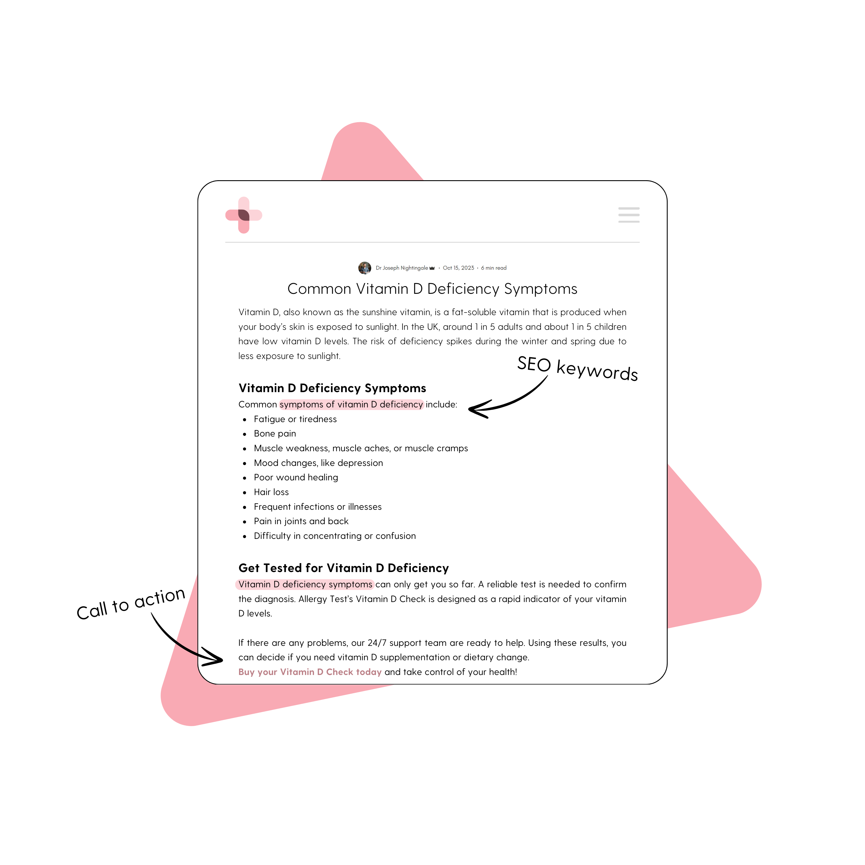 Example a vitamin D blog post with a pink triangle background.