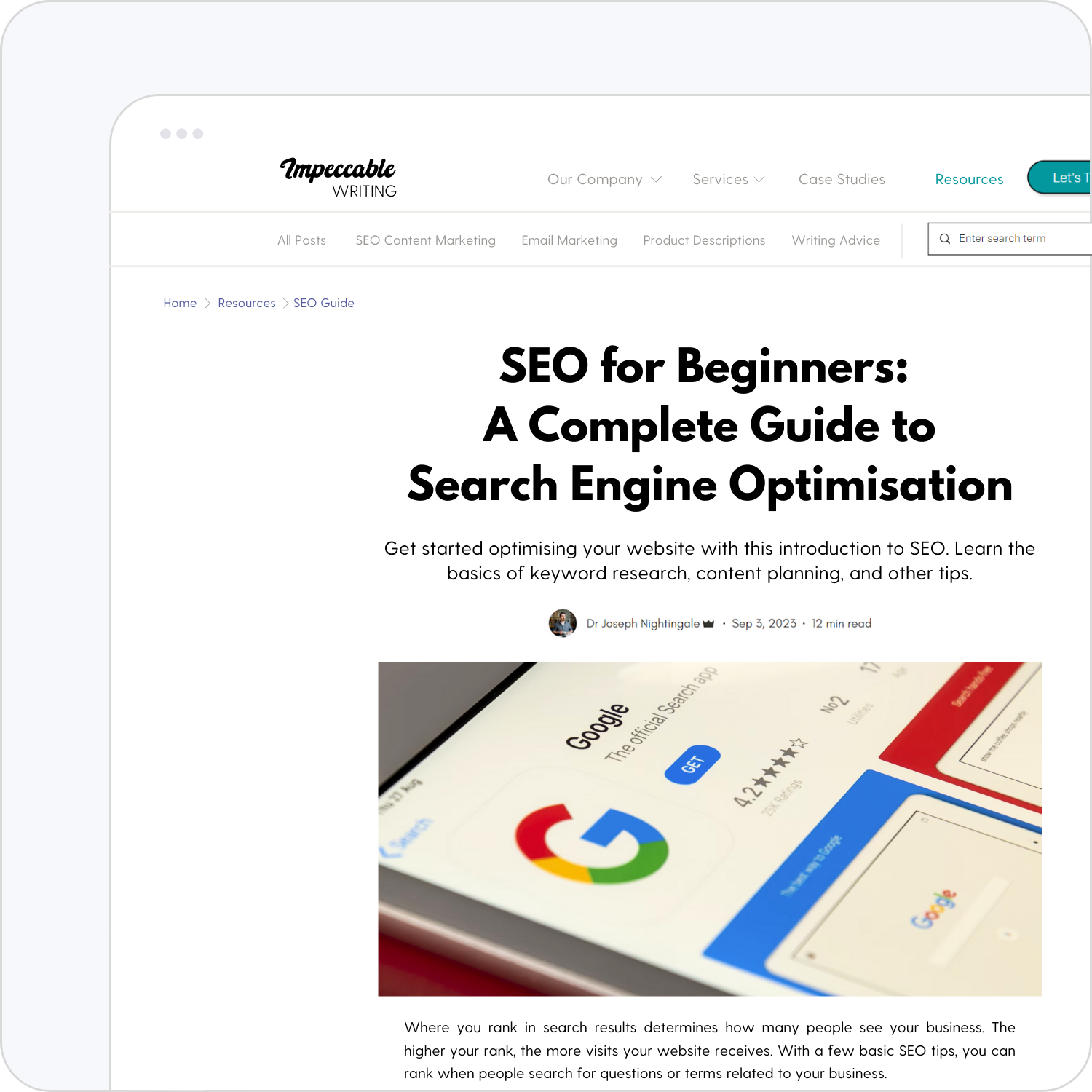 Impeccable Writing's SEO blog post example.