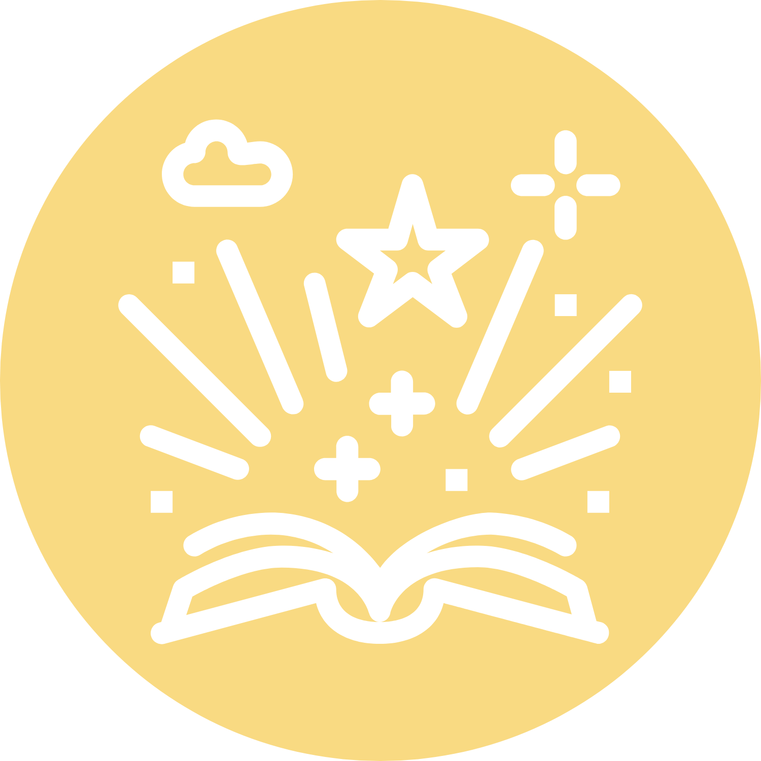 Yellow circle with an open book illustration with stars and magic shooting out.