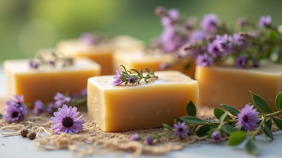 Close-up view of natural soap bars with herbs and flowers