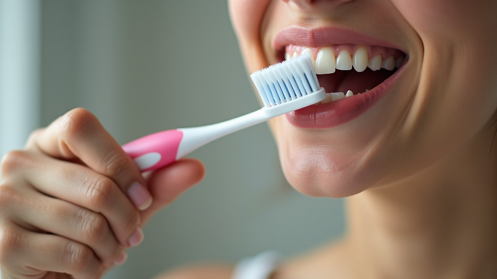 Close-up view of a person brushing their teeth with a soft-bristled toothbrush