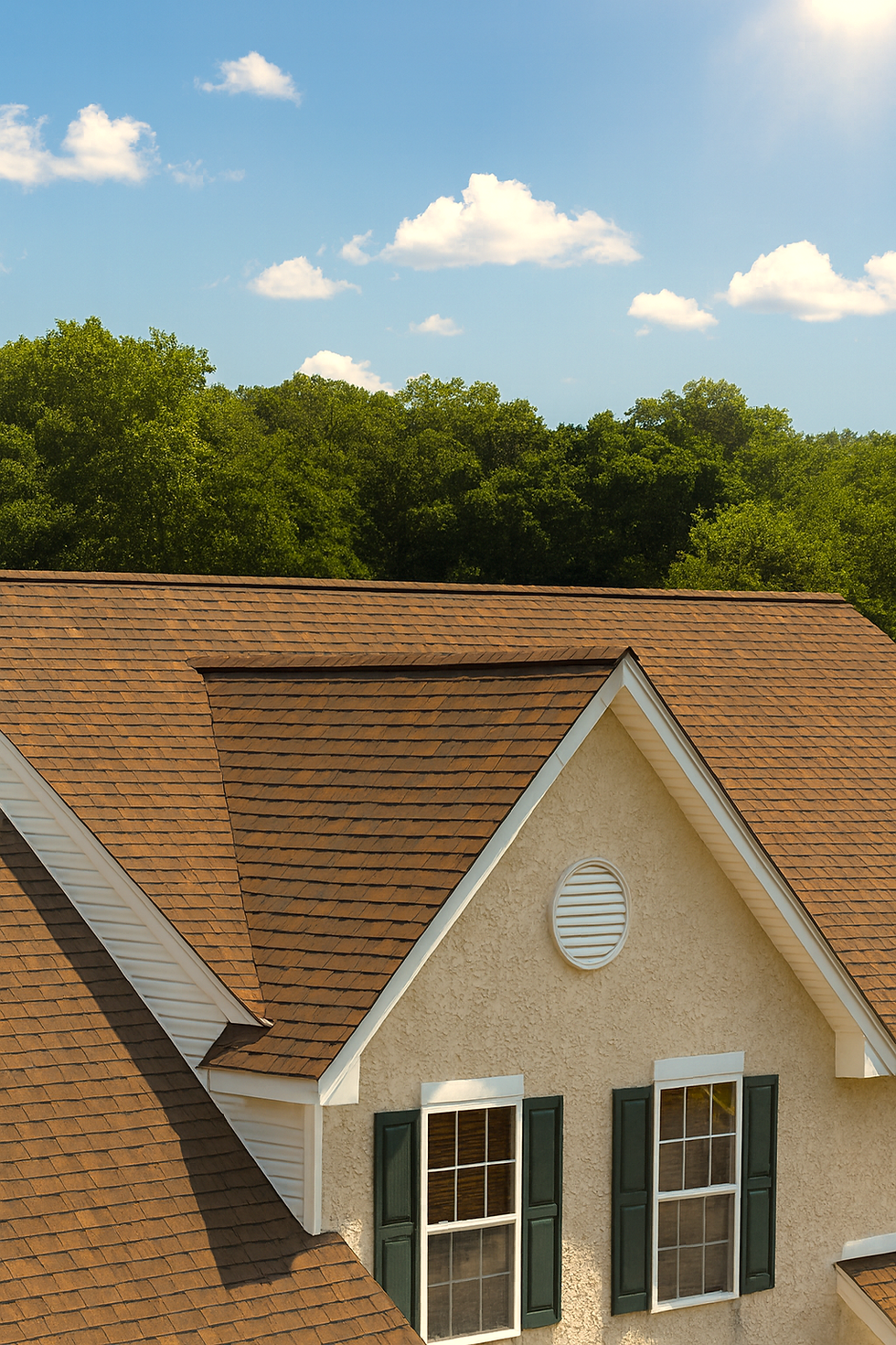 A stucco house with green shutters and orange/brown shingles, with blue skies and the sun shining in the background