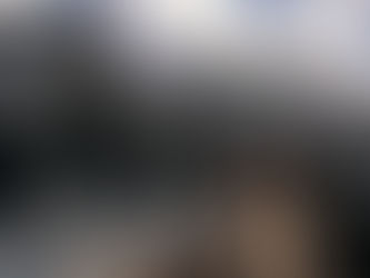 A close up image of a brick house with black shingles, with a blue sky and clouds visible in the background