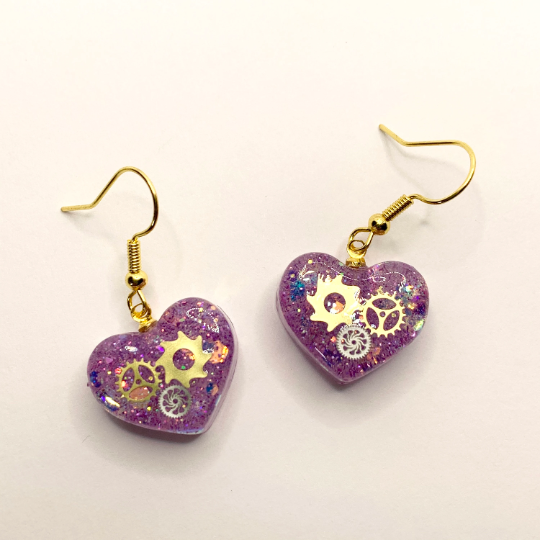 Thumbnail: Purple Glittered Gears Heart Resin Earrings