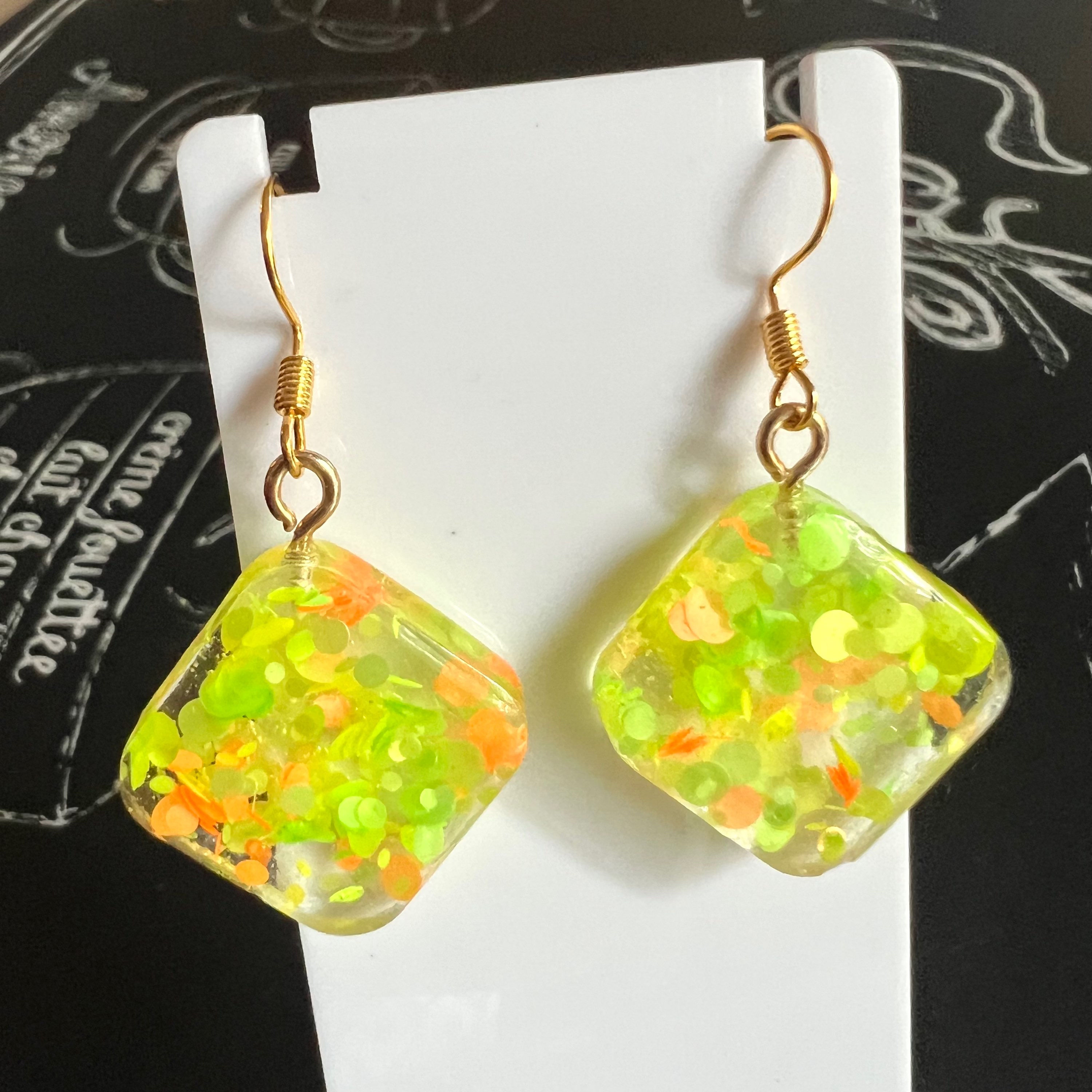 Neon Glitters Resin Square Earrings or Necklace