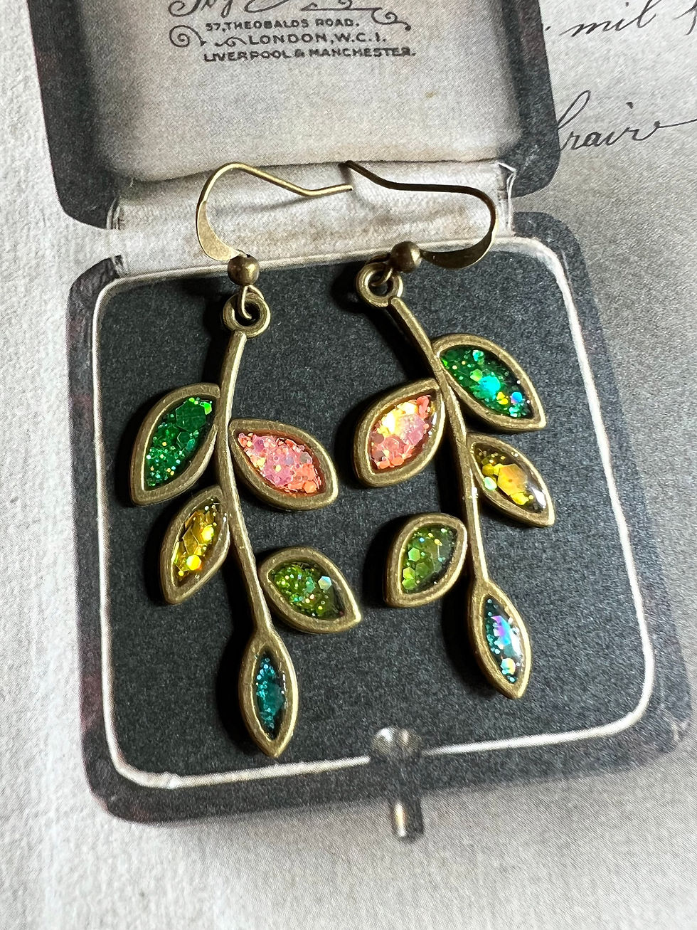 Thumbnail: Bronze Glitter Leaf Earrings or Necklace