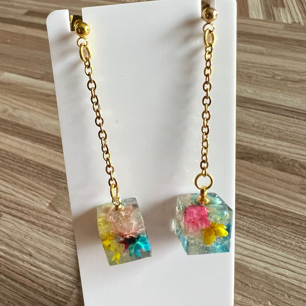Thumbnail: Resin Flowers Cube Dangle Earrings or Necklace