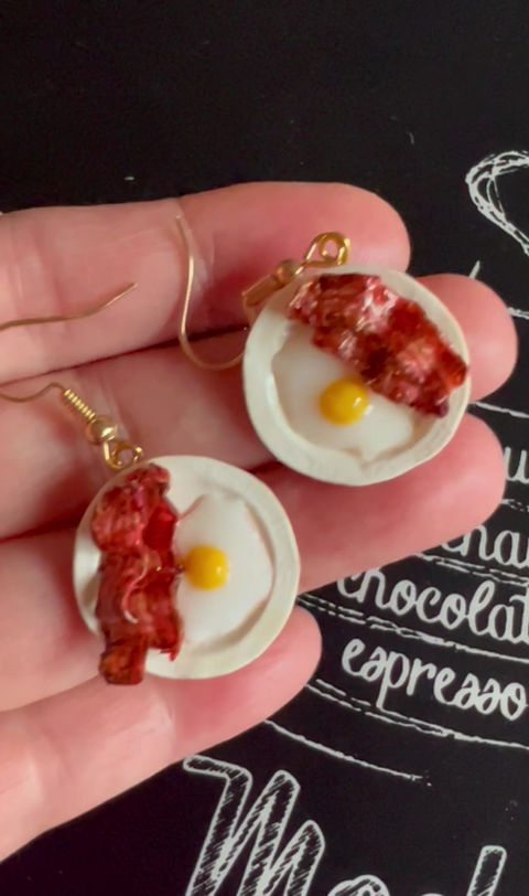 Thumbnail: Mini Polymer Clay Bacons and Fried Egg Dish Charm Earrings