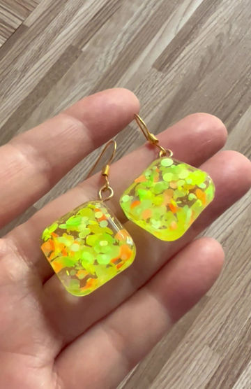 Thumbnail: Neon Glitters Resin Square Earrings or Necklace