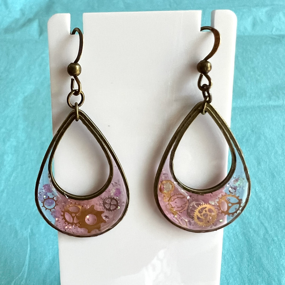 Thumbnail: Pink Resin Bronze Gears Earrings or Necklace