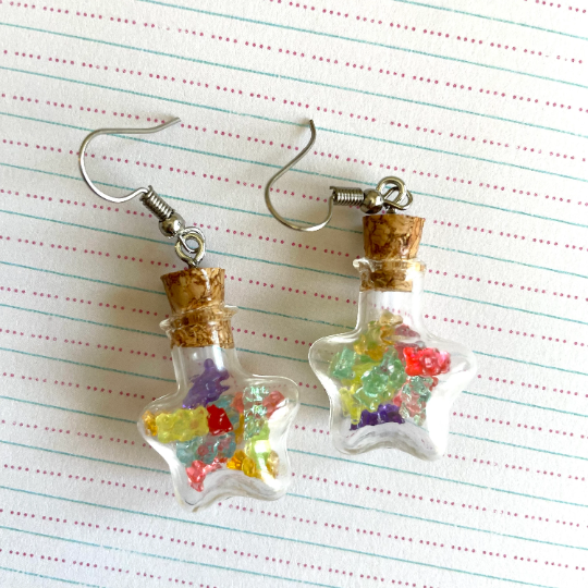 Thumbnail: Mini Jelly Gummy Bears Glass Bottle Charm Earrings or Necklace