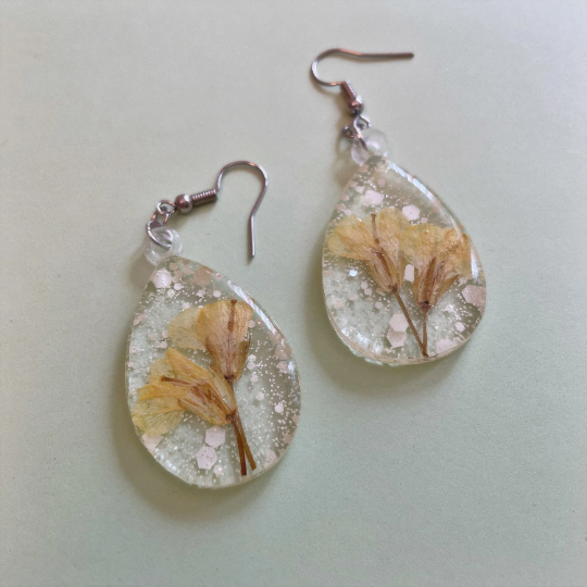 Thumbnail: Yellow dried flowers Resin Charm Earrings or one pc of necklace