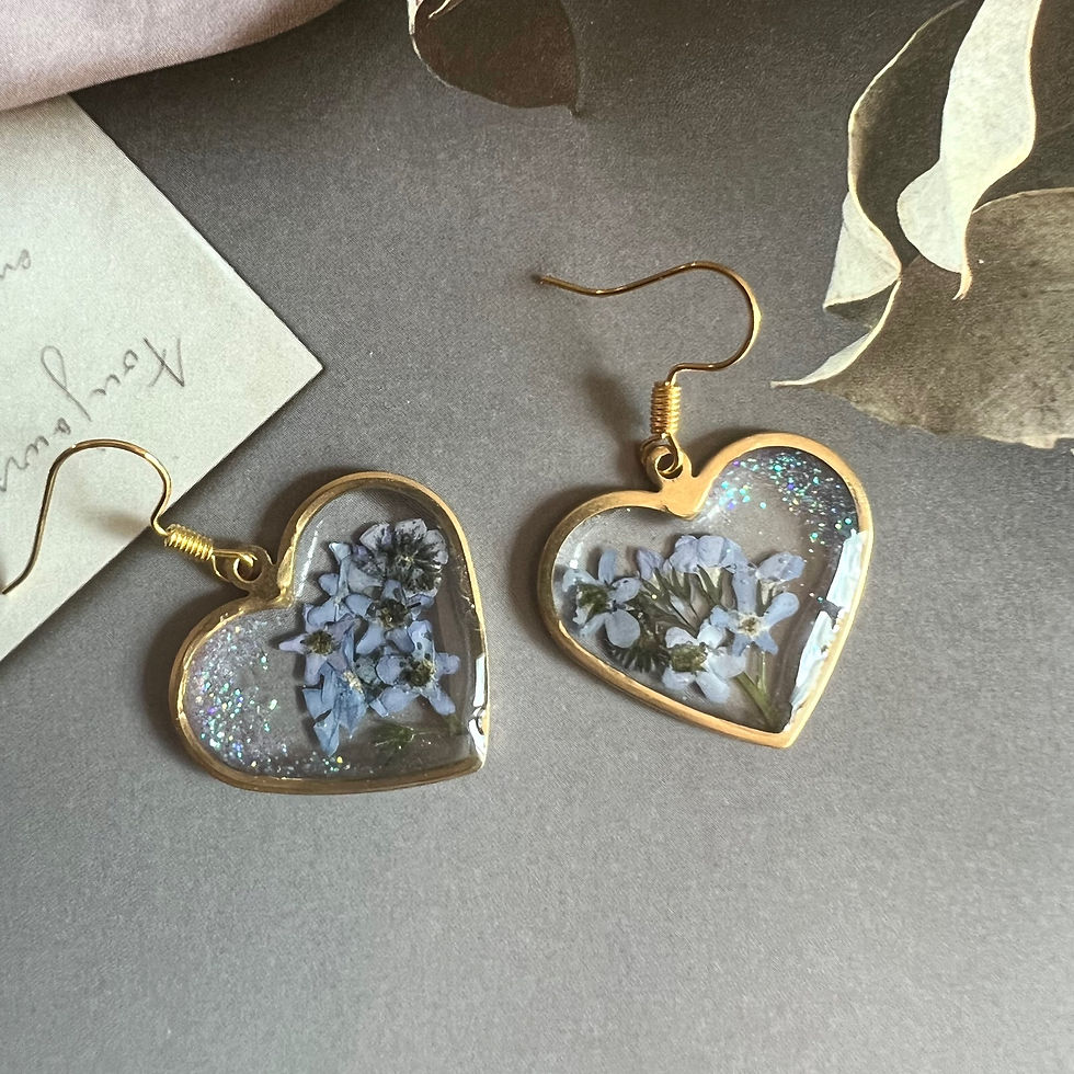 Thumbnail: Forget Me Not Dried Flowers Resin Heart Earrings or Necklace