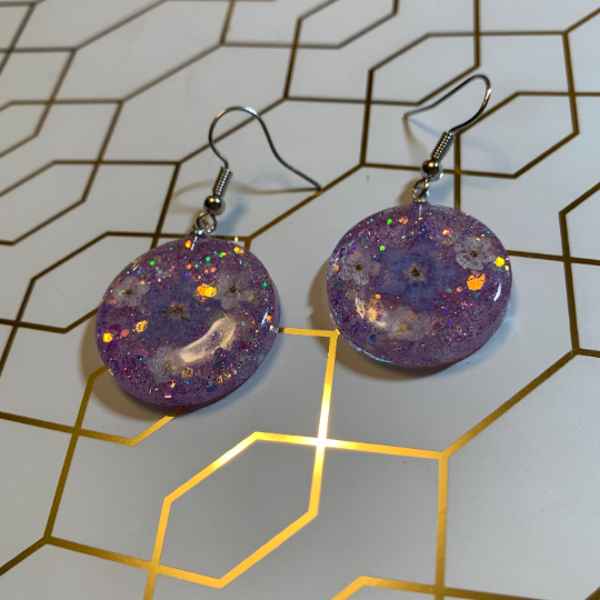 Thumbnail: Cute Purple Glittered Dried Flower Resin Earrings