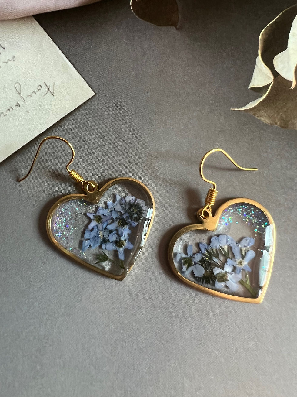 Thumbnail: Forget Me Not Dried Flowers Resin Heart Earrings or Necklace