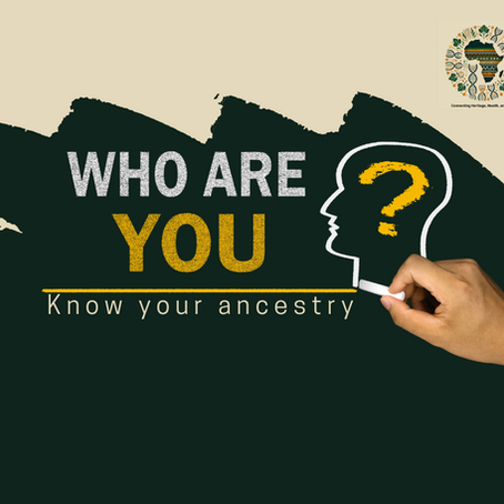 Hand draws a question mark on a silhouette with text "WHO ARE YOU? Know your ancestry" on a green background, emphasizing heritage.