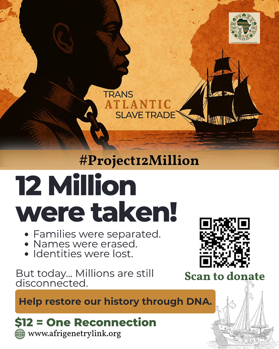 Silhouette of a chained person, ship, and Africa map in sepia tones. Text: Trans Atlantic Slave Trade. Hashtags and donation info. Mood: Reflective.