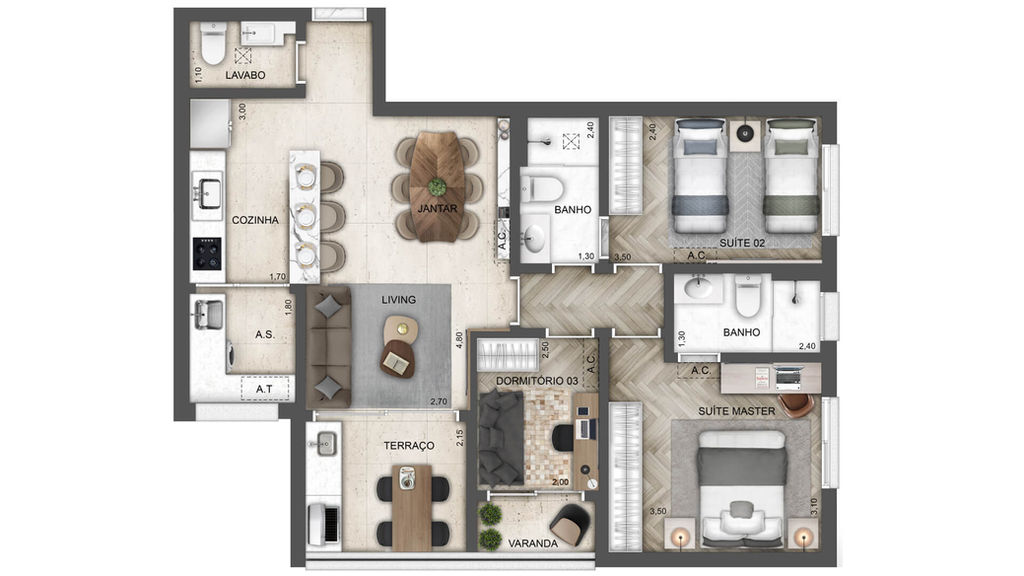 Planta do apartamento de 82 m² do Mondo Morumbi Exto, com 3 dormitórios, 2 suítes e ambientes integrados.