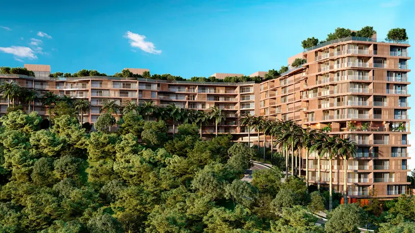 Fachada do Fasano Residence com cortina verde no Cidade Jardim