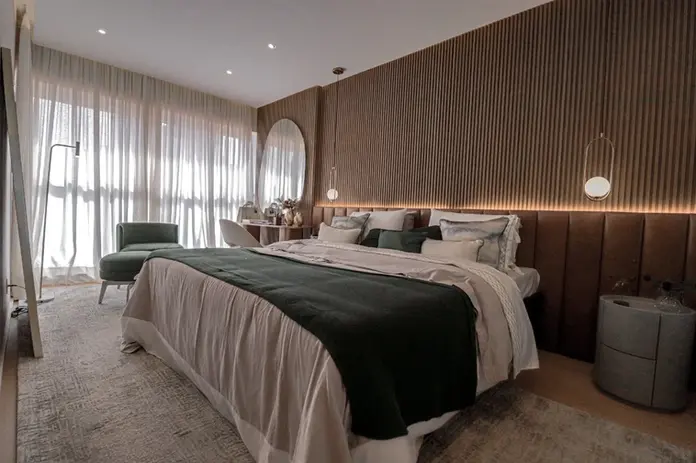 Suíte master do apartamento decorado Mirante Ibirapuera