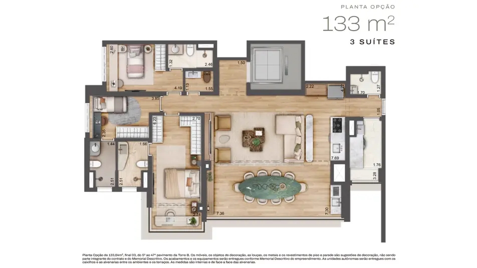 Planta tipo do apartamento de 133 m² com 3 suítes no Jardim da Hípica.