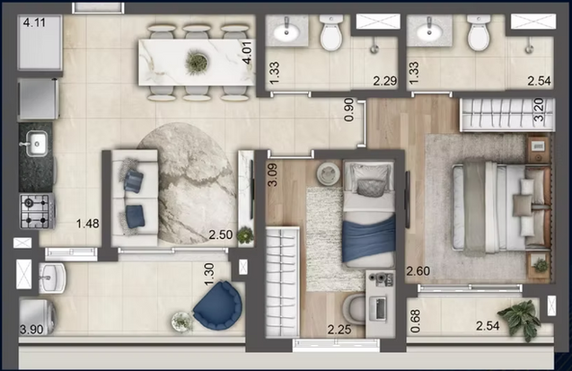Planta de apartamento de 57 m² do Jardim da Hípica com 2 dormitórios, sendo 1 suíte, sala integrada, cozinha, banheiro, área de serviço e varanda.