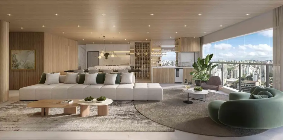 Varanda integrada ao living do apartamento decorado Mirante Ibirapuera