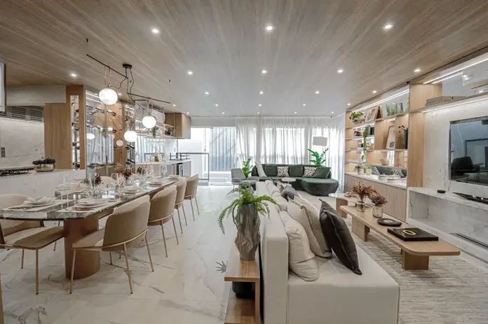 Cozinha integrada ao living do apartamento decorado Mirante Ibirapuera