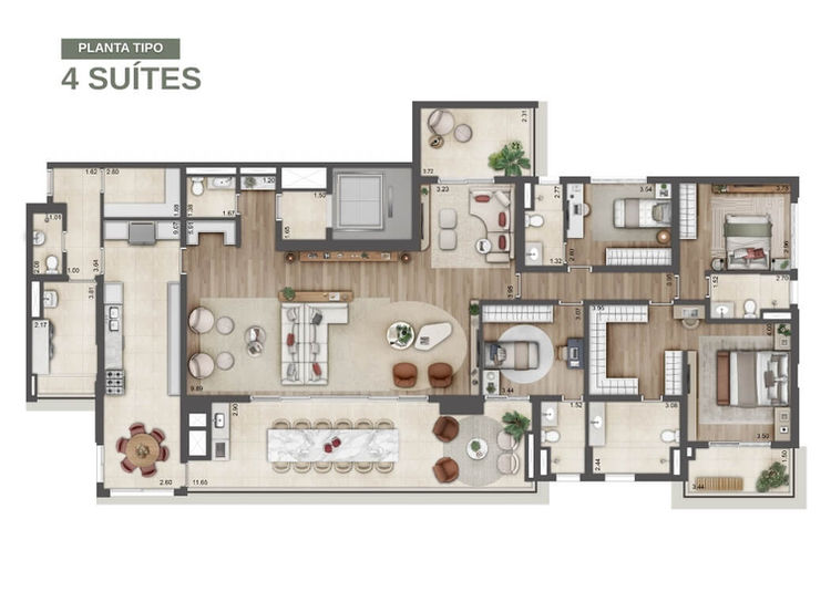 Planta tipo do apartamento de 276 m² com 4 suítes no Jardim da Hípica.