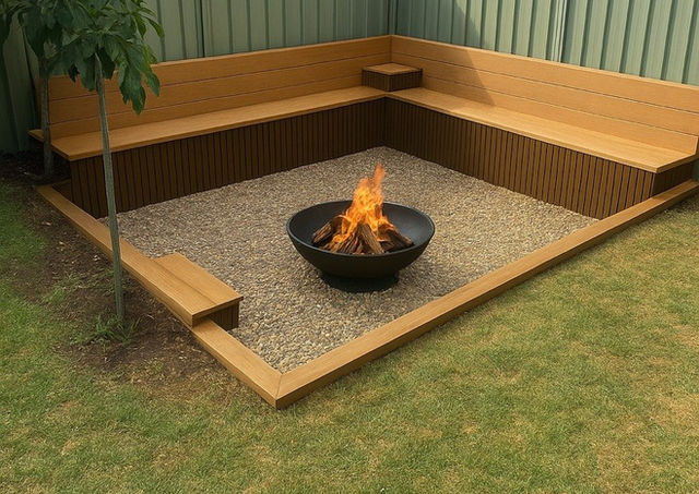 Outdoor fire pit with seating on gravel area.