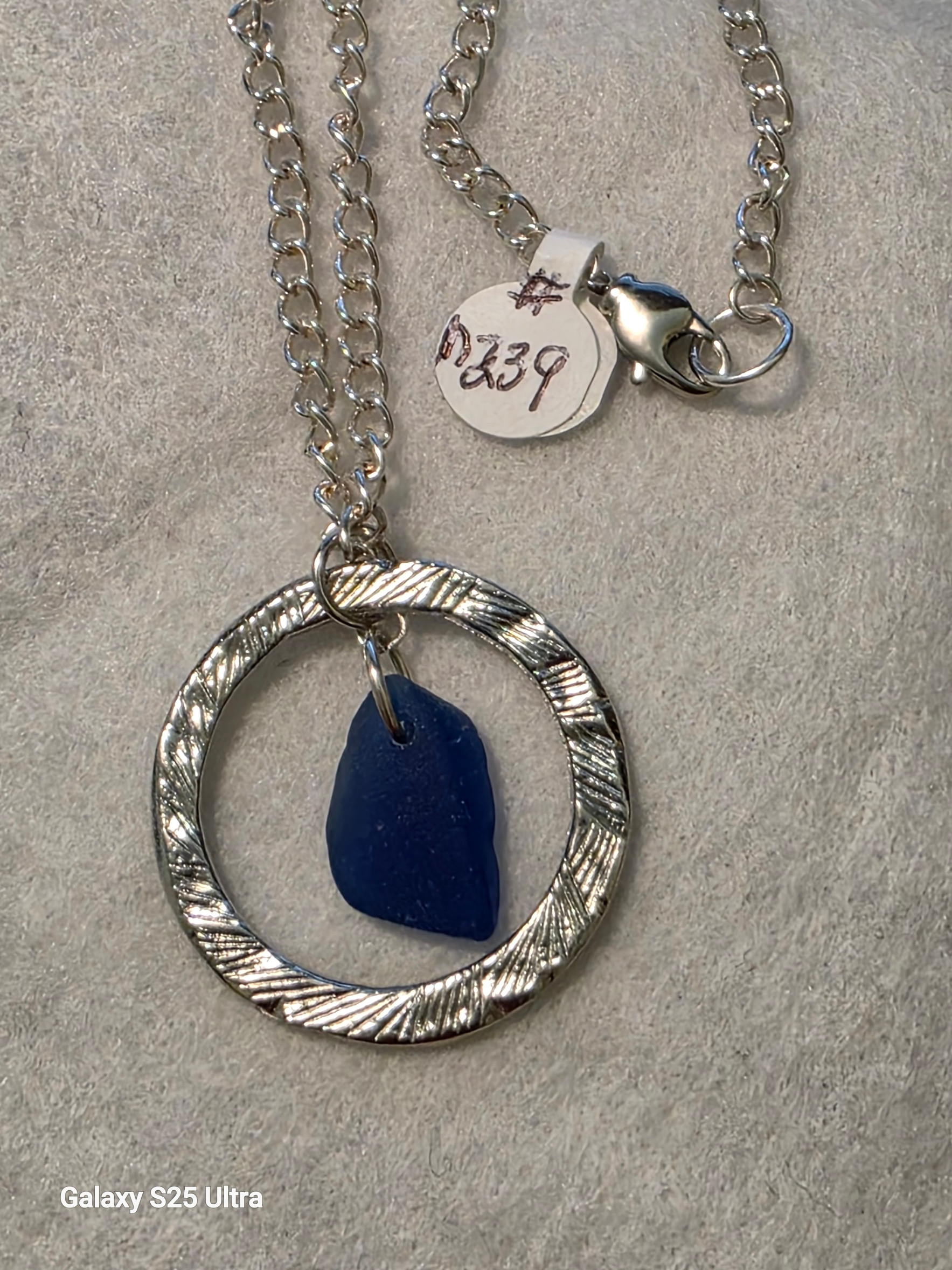 #N239 Blue Sea Glass in Circle NECKLACE