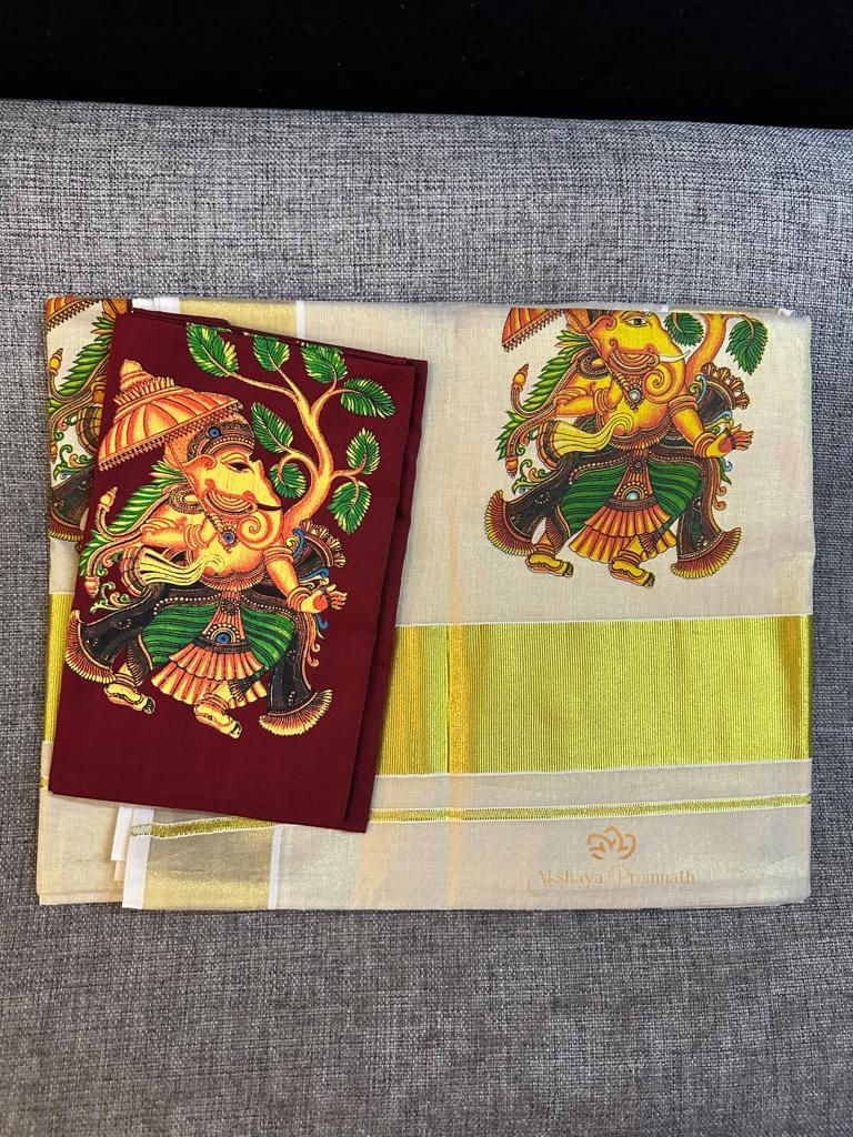 Thumbnail: Handloom tissue saree with Ganapathy print 