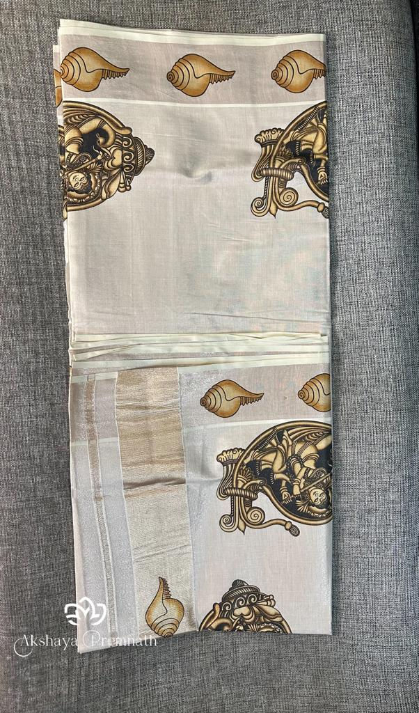 Thumbnail: Handloom Rose Gold Tissue Saree with Krishna design