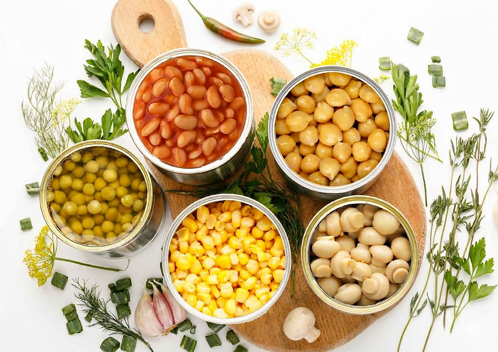 Five open cans of beans, chickpeas, peas, corn, and mushrooms on a wooden board, surrounded by herbs and a garlic clove. Bright setting.