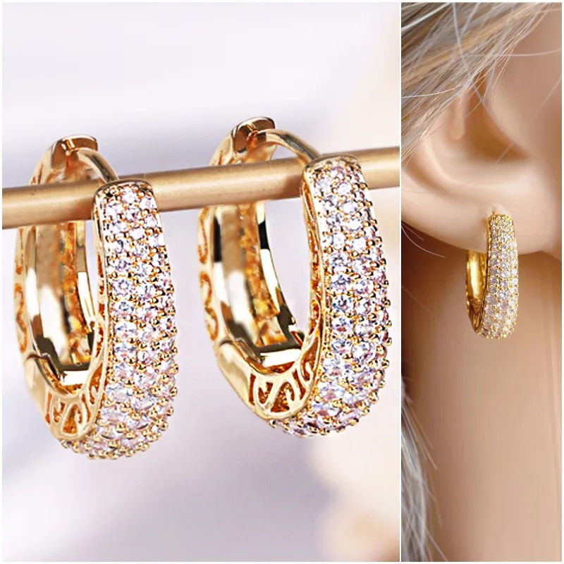 Huitan Luxury Paved CZ Hoop Earrings for Women Gold Color Hollow Out Design Tem