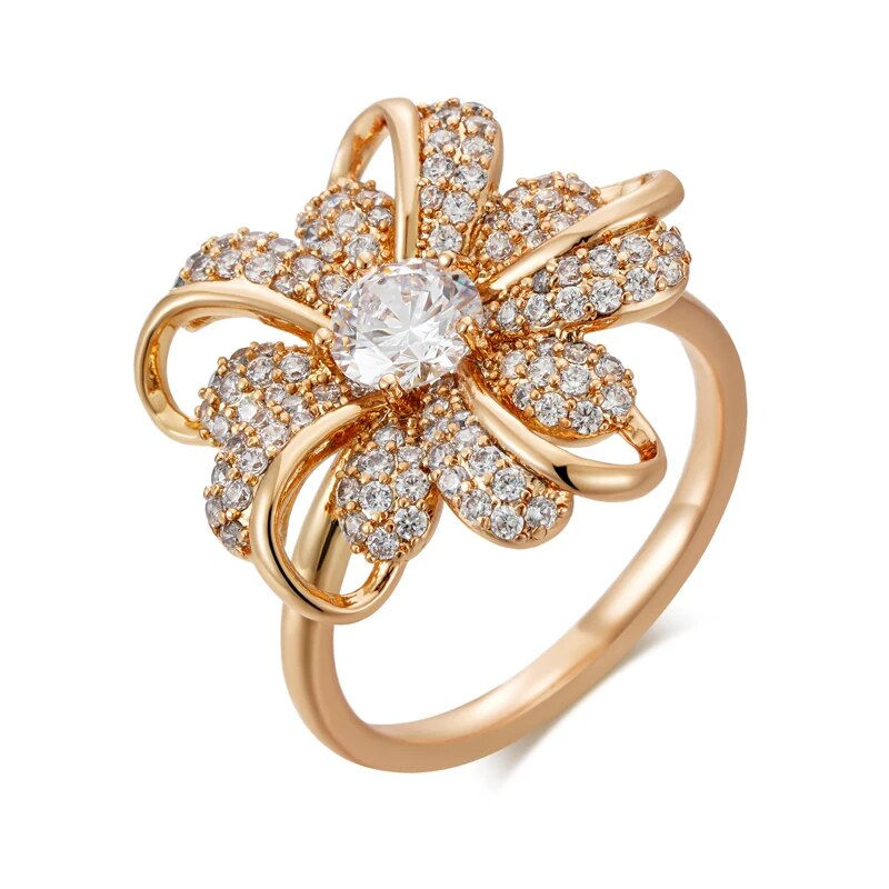 Ki585 Rose Gold Crystal Flower Ring: Shiny Zircon Accessory