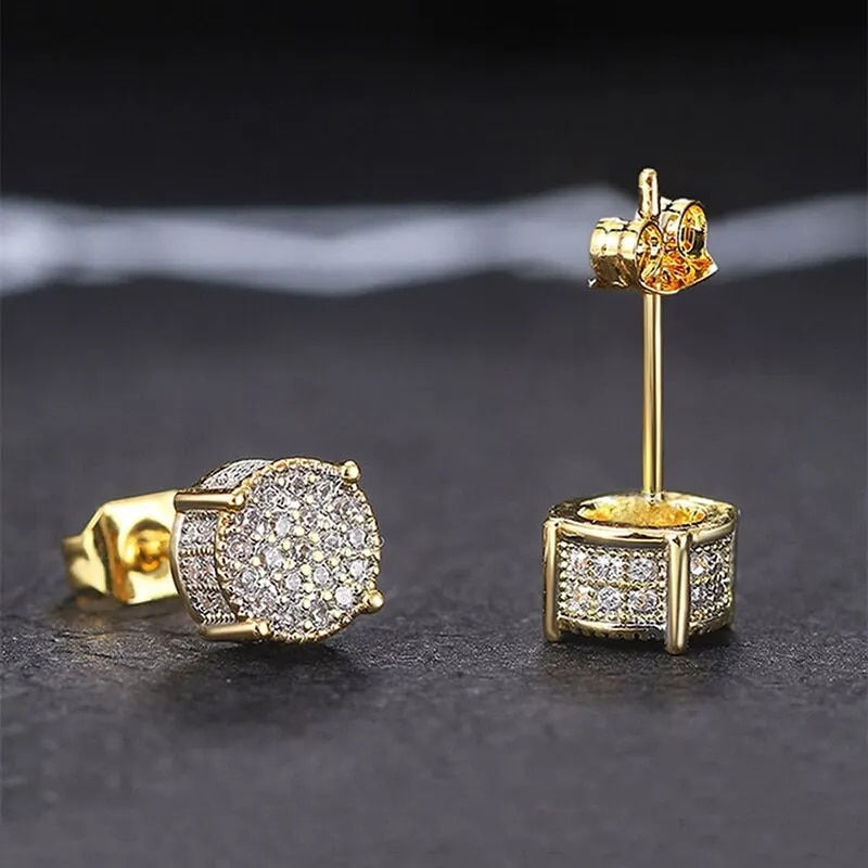Gold Round Ear Studs: Unisex Fashion Shiny Rhinestone Earrings - Jewelry Gift