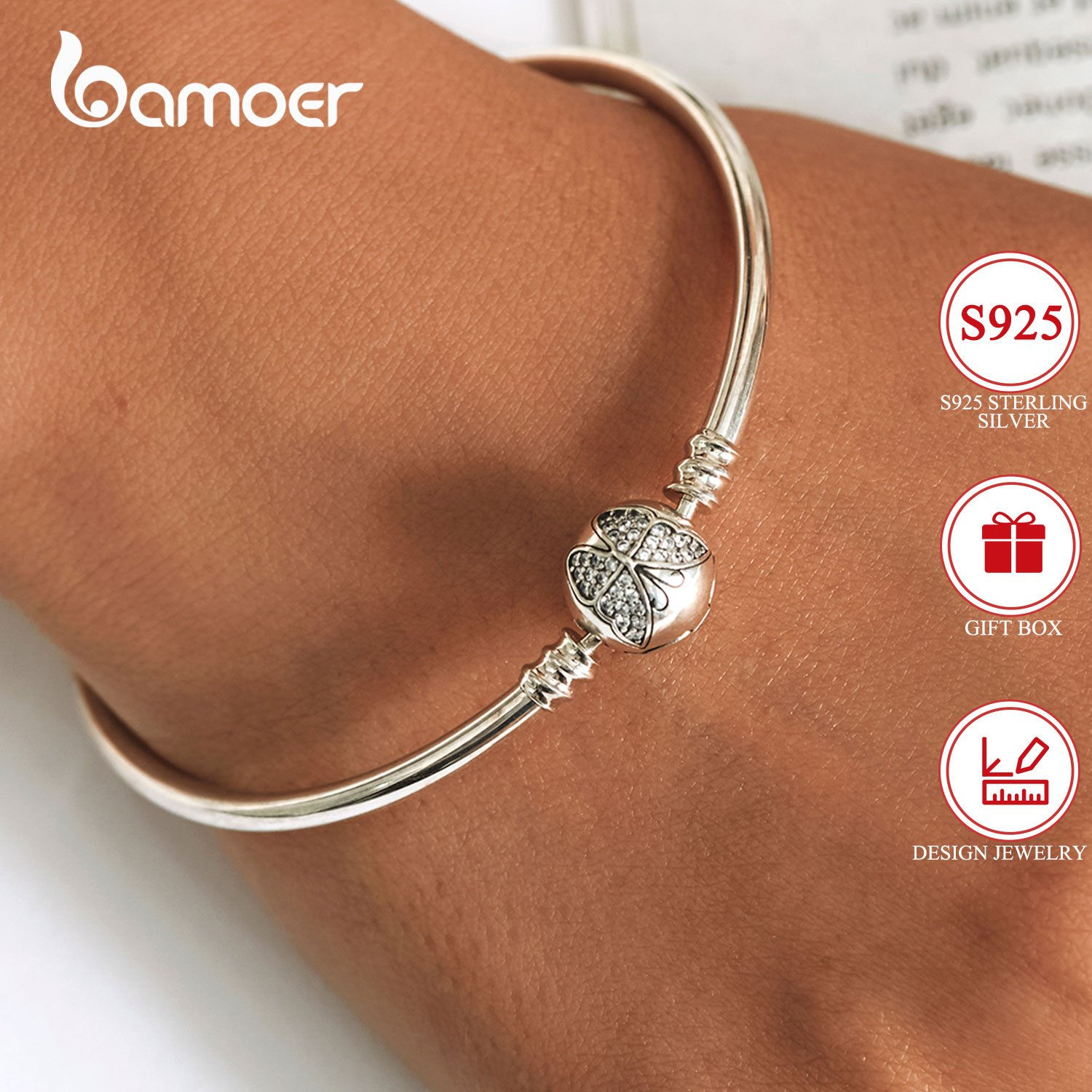 1pc Elegant 925 Silver Bangle Bracelet Inlaid Shiny Zircon Luxury Hand Bangle Je