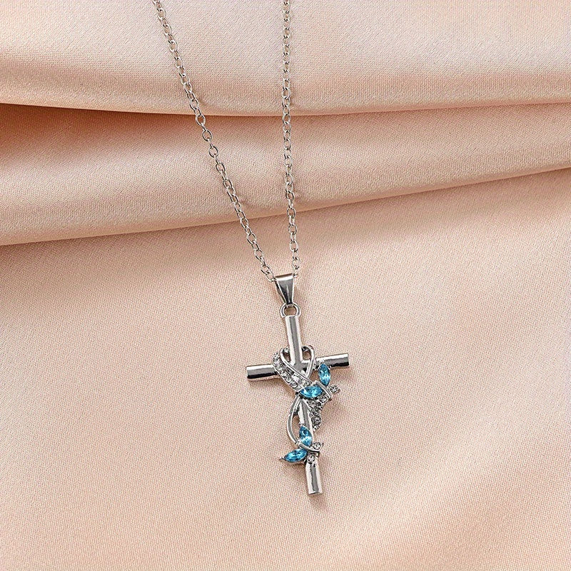 Exquisite Nand Elegant Rhinestone Decor Butterfly Cross Pendant Necklace Banquet