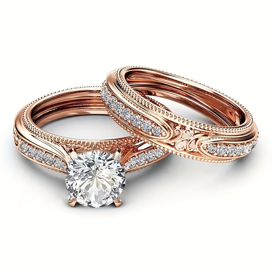 2pcs/set Zircon Decor Rose Golden Elegant Jewelry Ring For Men, Fashion Ring Fo