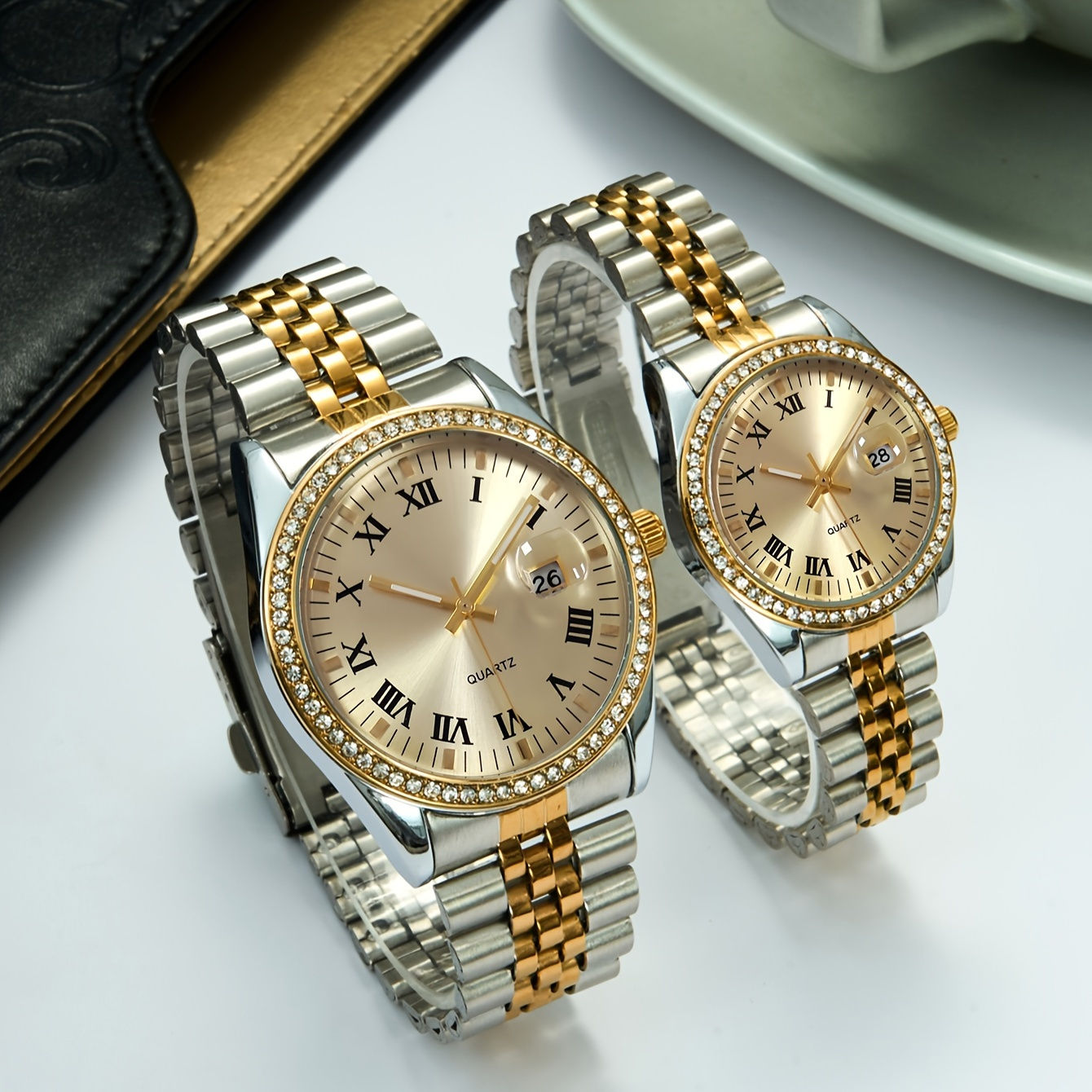 2pcs Luxury Rhinestone Couples Quartz Watch Business Fashion Analog Calendar Wr