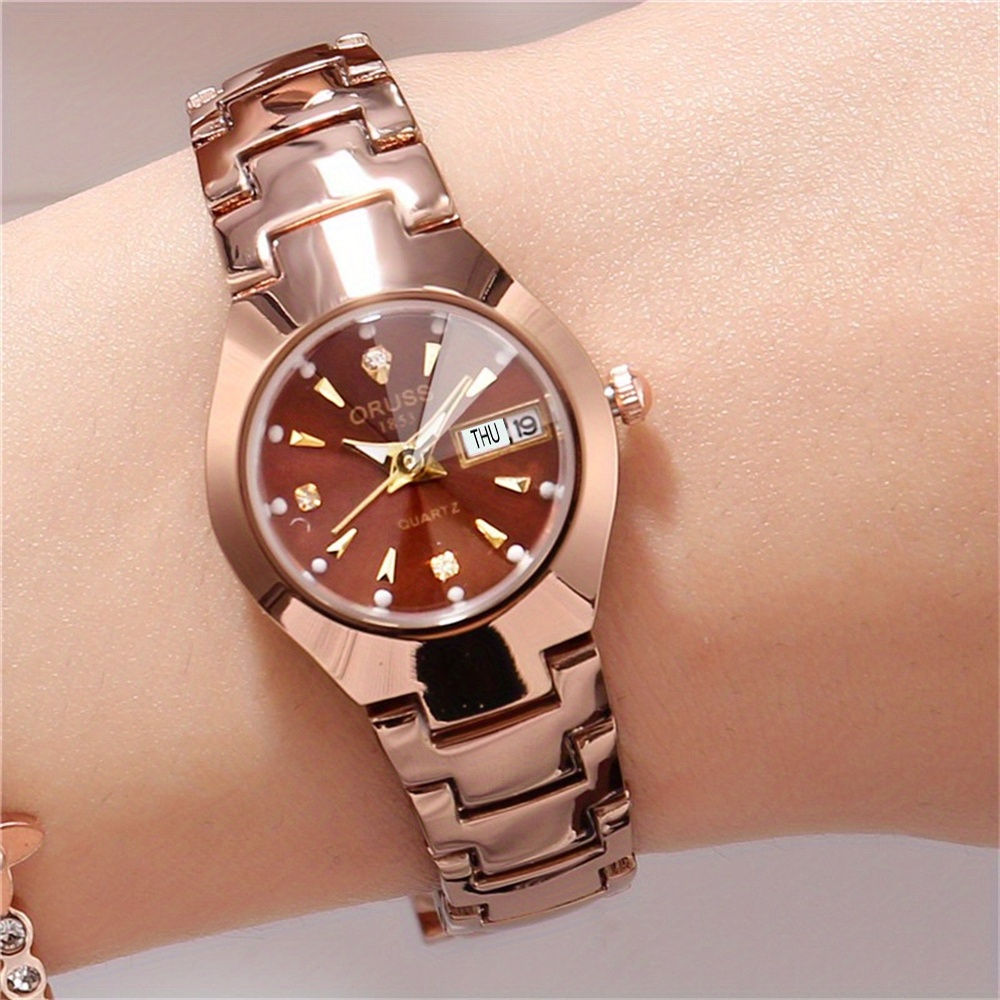 Elegant Round Pointer Quartz Watch Casual Analog Calendar Rhinestone Decor Part