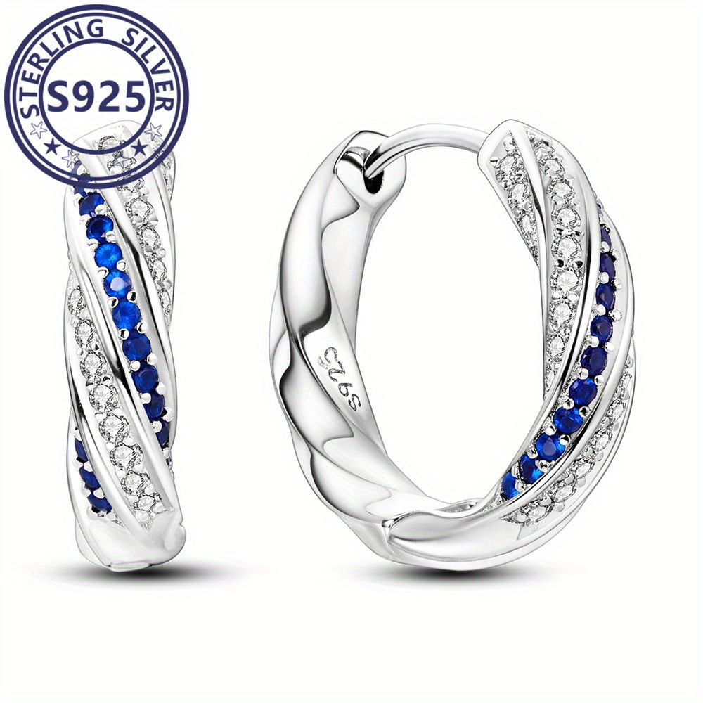 S925 Sterling Silver Blue And White Twisted Hoop Earrings Shiny Zircon Decor Ho