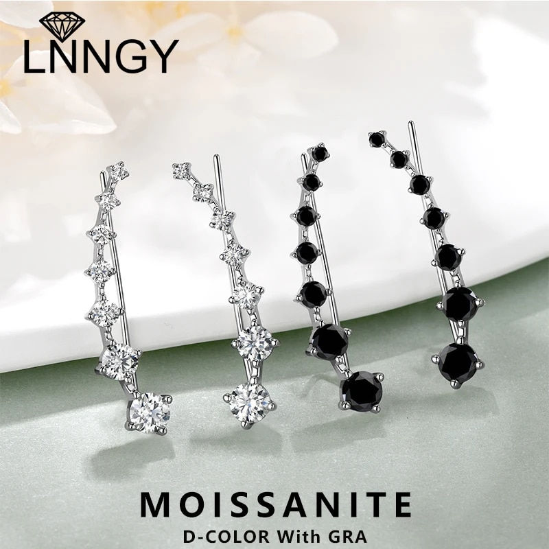 Long Moissanite Ear Climber Earrings, 925 Sterling Silver Studs
